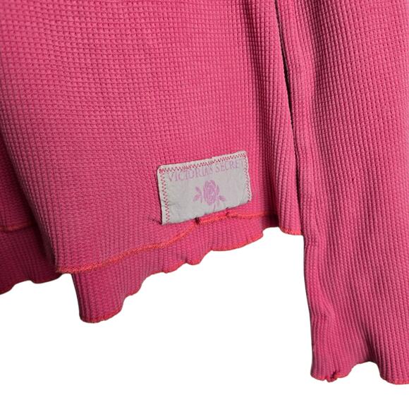 Y2K Victoria’s Secret Pink Thermal Hoodie Top Waffle Knit Lettuce Hem M 2005 - Picture 2 of 8